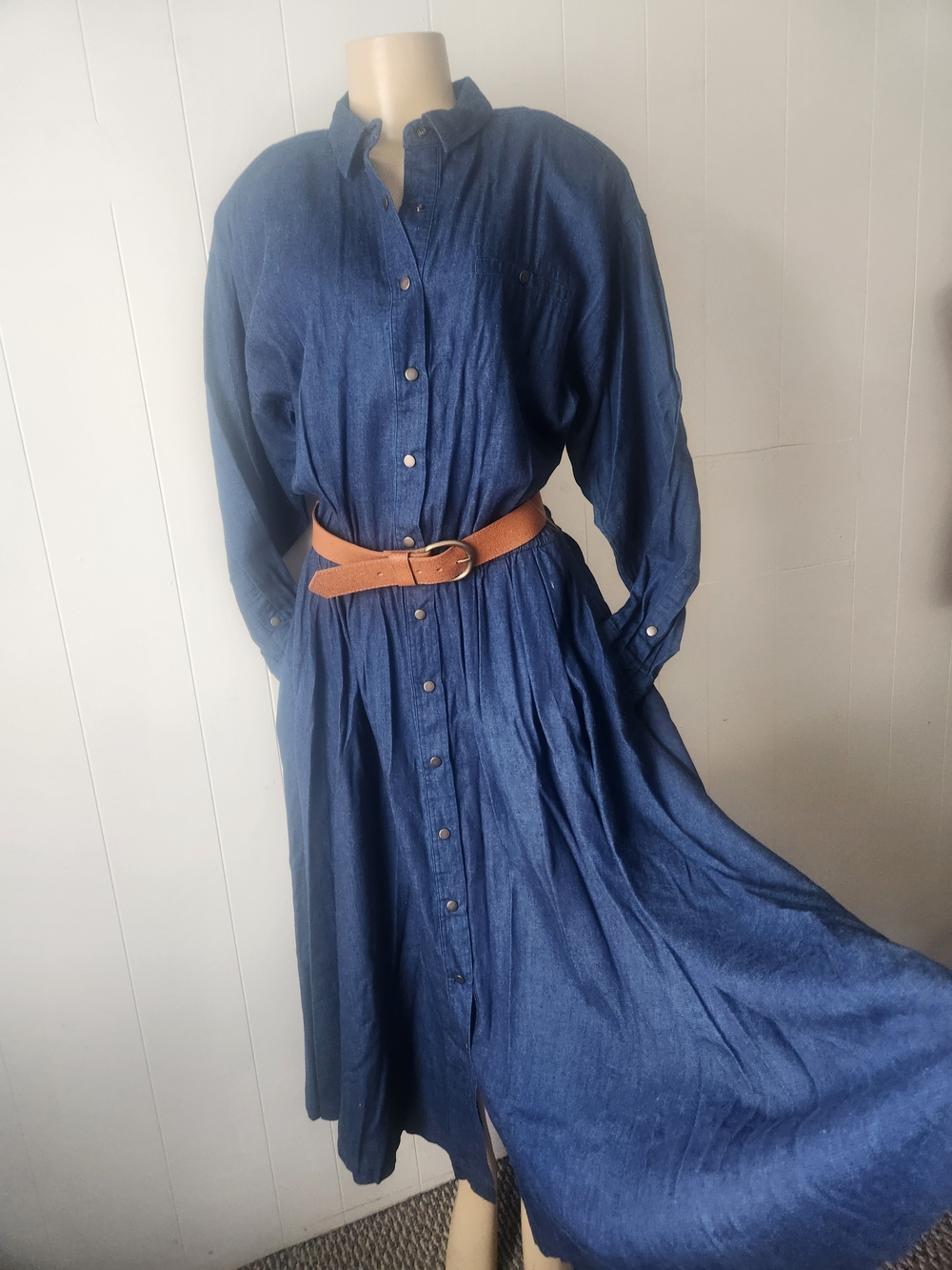 Vintage Navy Blue Dress Long Sleeve Fall 100% Cotton with Brown Belt Sz 14